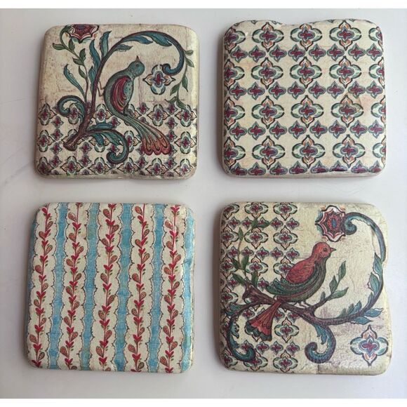 Vintage Kate McRostie Ceramic Tiles Coasters Set of 4 Blue Red Birds - Picture 1 of 6